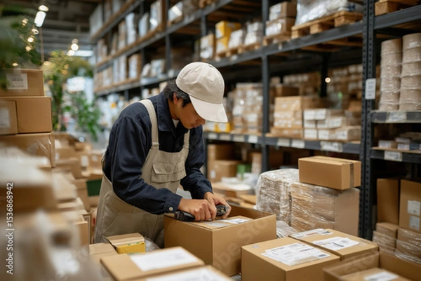 Fototapeta 通販のバックヤードで働く店員3。Generative AI