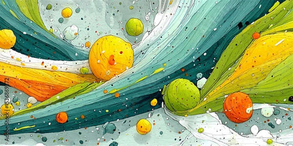Obraz Abstract painting on textured paper featuring bright colorful circles and expressive black ink splashes. Modern artistic composition with dynamic contrasts and tactile surface