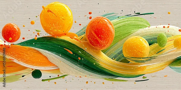 Obraz Abstract painting on textured paper featuring bright colorful circles and expressive black ink splashes. Modern artistic composition with dynamic contrasts and tactile surface
