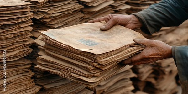 Obraz "A person carefully stacking ancient handwritten chronicles into a pile. Historical preservation and archival work with fragile documents