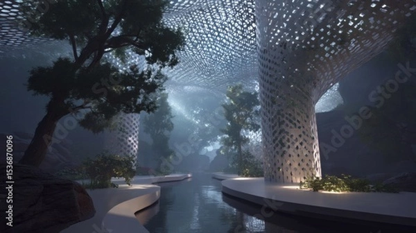 Obraz Serene Modern Architecture with Trees and Water in Bright Atmosphere