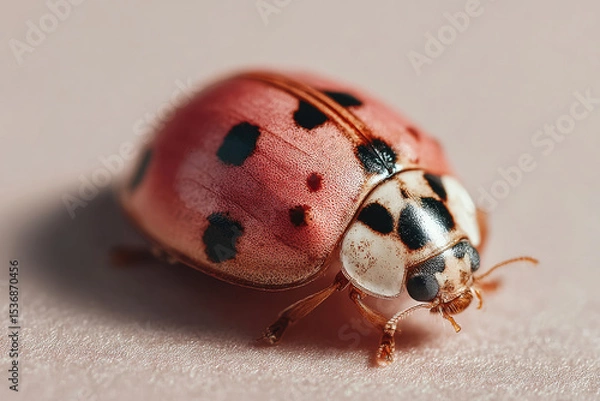 Obraz Ladybug with red wings and black spots on neutral surface. Macro shot of coccinellidae insect