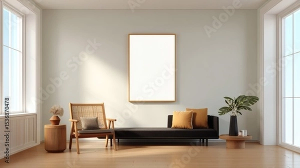 Obraz Modern Living Room with Minimalist Decor and Empty Frame on Wall
