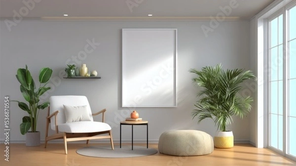 Obraz Modern Living Room with White Walls and Minimalist Decor