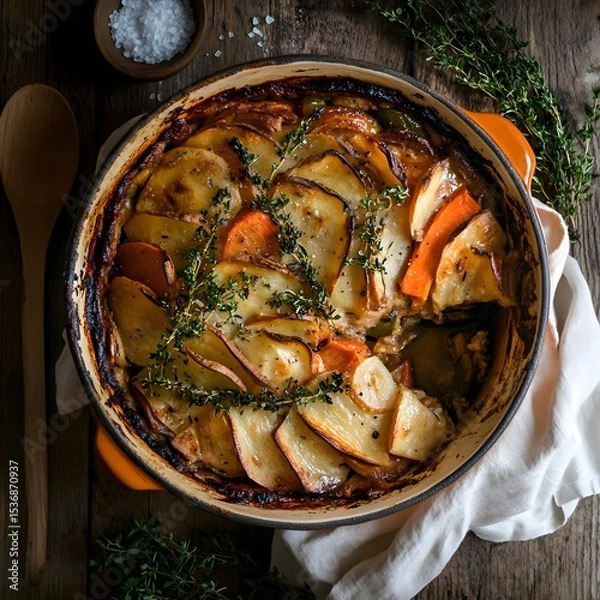 Fototapeta Potato casserole with carrots and thyme on wooden background. Top view