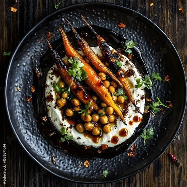 Fototapeta Charred roasted carrots and spiced chickpeas, a swirl of cream cheese on a black, textured plate. The balsamic vinaigrette drips. caramelized carrots and creamy cheese. The dark wooden backdrop.