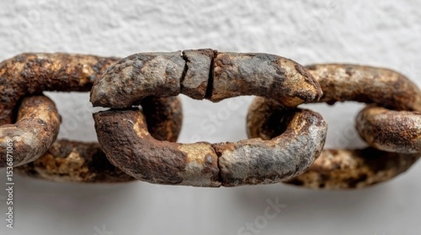 Obraz Rusted broken chain links on white surface, aged metal decay, minimalist industrial damage