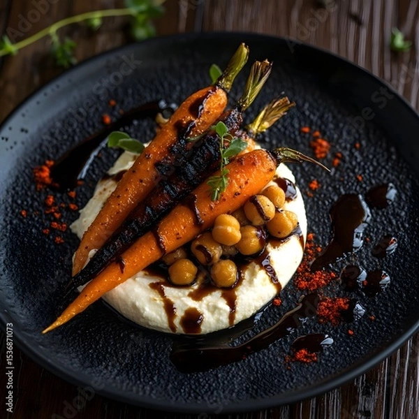 Fototapeta Charred roasted carrots and spiced chickpeas, a swirl of cream cheese on a black, textured plate. The balsamic vinaigrette drips. caramelized carrots and creamy cheese. The dark wooden backdrop.