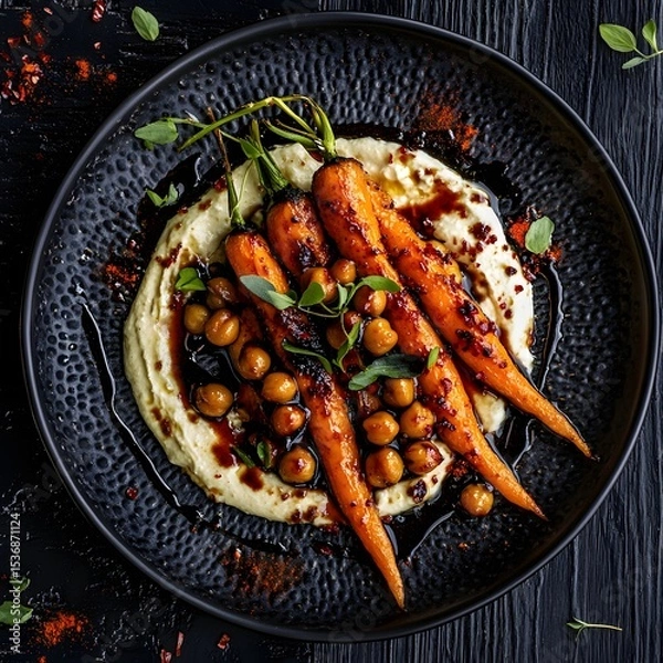 Fototapeta Charred roasted carrots and spiced chickpeas, a swirl of cream cheese on a black, textured plate. The balsamic vinaigrette drips. caramelized carrots and creamy cheese. The dark wooden backdrop.