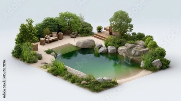 Obraz Tranquil Outdoor Garden with Stone Pond and Relaxation Area
