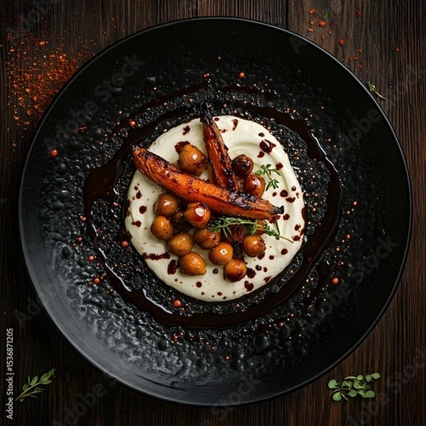 Fototapeta Charred roasted carrots and spiced chickpeas, a swirl of cream cheese on a black, textured plate. The balsamic vinaigrette drips. caramelized carrots and creamy cheese. The dark wooden backdrop.