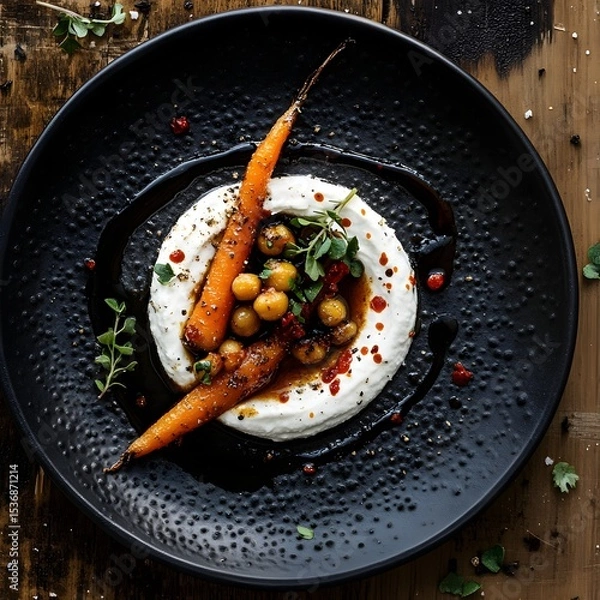 Fototapeta Charred roasted carrots and spiced chickpeas, a swirl of cream cheese on a black, textured plate. The balsamic vinaigrette drips. caramelized carrots and creamy cheese. The dark wooden backdrop.
