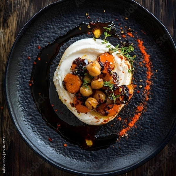 Fototapeta Charred roasted carrots and spiced chickpeas, a swirl of cream cheese on a black, textured plate. The balsamic vinaigrette drips. caramelized carrots and creamy cheese. The dark wooden backdrop.