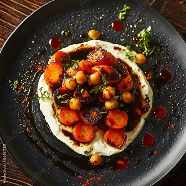 Fototapeta Charred roasted carrots and spiced chickpeas, a swirl of cream cheese on a black, textured plate. The balsamic vinaigrette drips. caramelized carrots and creamy cheese. The dark wooden backdrop.