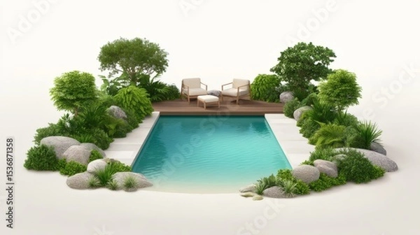 Obraz Tranquil Backyard Oasis with Pool Surrounded by Lush Greenery