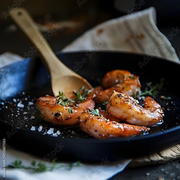Fototapeta fried prawns with garlic and thyme on a frying pan