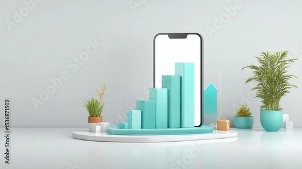 Obraz Modern Smartphone with Growth Chart and Indoor Plant Decoration