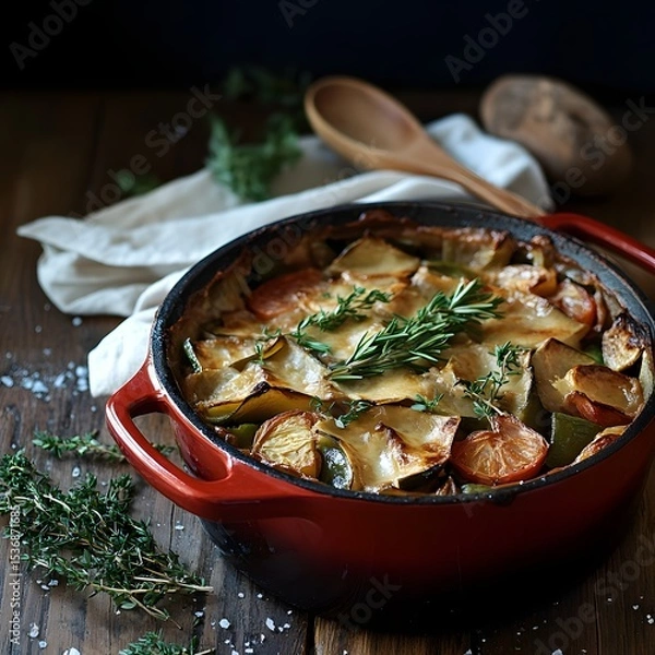 Fototapeta Baked potatoes with zucchini and thyme in a red baking dish on a wooden table