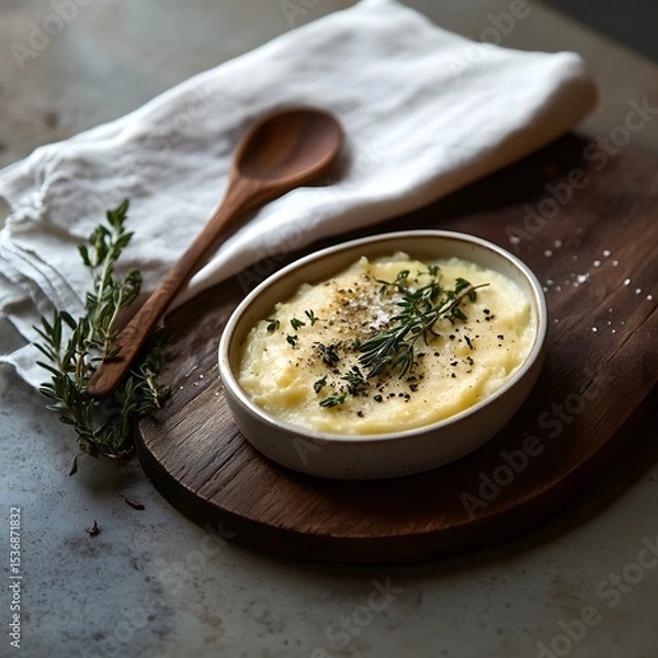 Fototapeta Mashed potatoes with herbs in a bowl on a wooden board, selective focus.