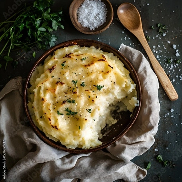 Fototapeta Mashed Potatoes with Herbs and Salt on Dark Background, square. top view.