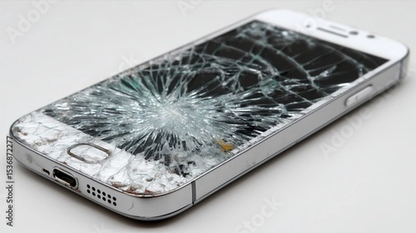 Obraz Cracked smartphone screen on white surface, digital damage, minimalist tech decay, high detail