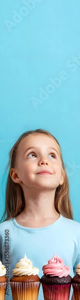 Fototapeta young child enchanted by colorful cupcakes at a local bakery vertical banner - wide skyscraper - blue background