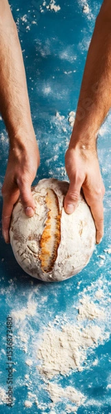 Fototapeta Close-up of a professional baker's hands meticulously preparing artisanal sourdough bread vertical banner - wide skyscraper - blue background
