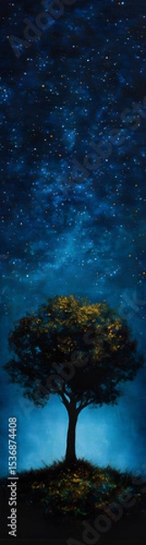Fototapeta Lonely Tree Under Starry Night Sky Landscape- vertical banner - wide skyscraper - blue background