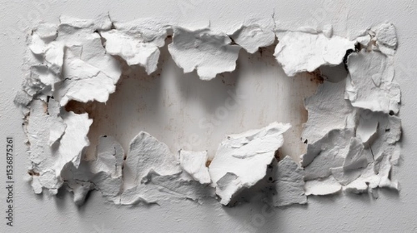 Obraz Torn paper sheets on white backdrop, minimalist ripped texture, fragile destruction, artistic decay