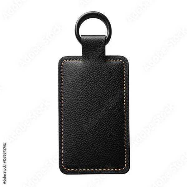 Fototapeta Black leather luggage tag with stitching detail, isolated on a transparent background, cutout PNG