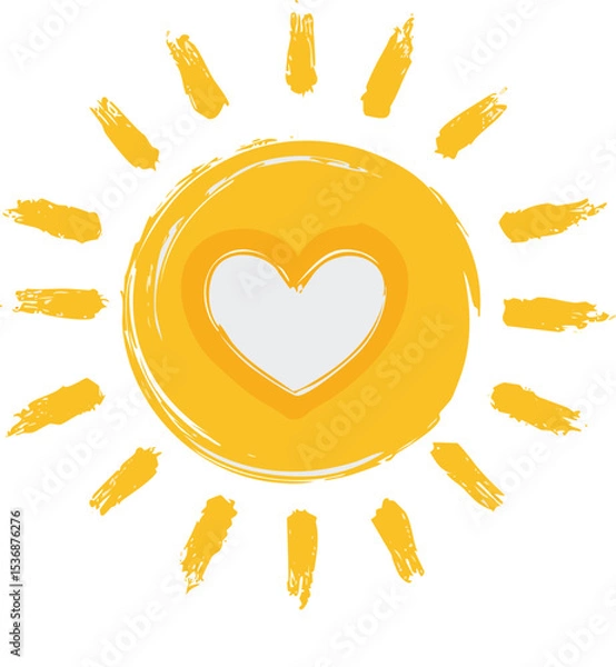 Fototapeta A simple yellow hand-drawn sun with a heart shape at the center, surrounded by radiating brush stroke lines. The illustration has a rough, textured brush style, giving a warm and cheerful appearance. 