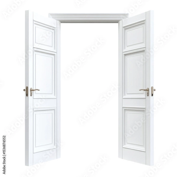 Fototapeta Elegant white double doors open wide, revealing a spacious area beyond, perfect for decor or design projects, transparent background, cutout PNG