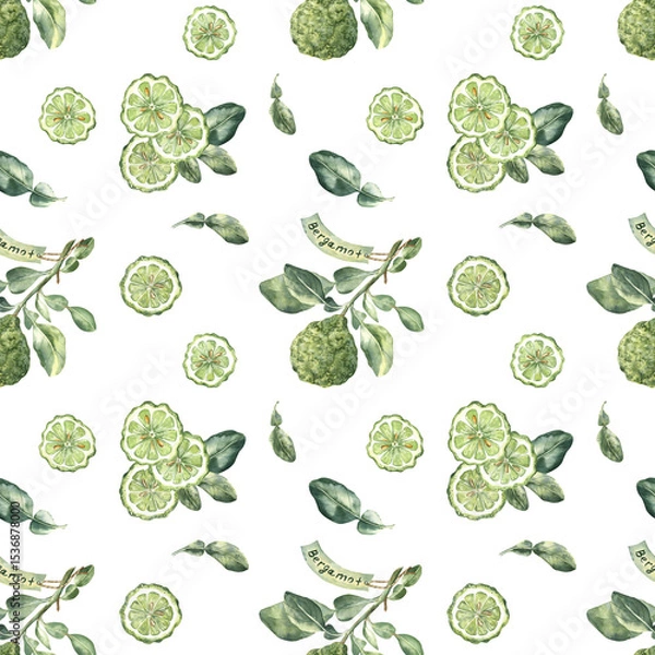 Obraz Seamless pattern with watercolor botanical illustrations of bergamot fruit and leaves, isolated on transparent background. For fabric, home textile, gift paper, cafe decoration, and more