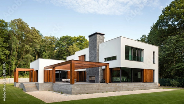 Obraz This contemporary house showcases sleek lines and large windows, blending with nature in a serene forest setting. Perfect for tranquil living and entertaining. Generative AI.