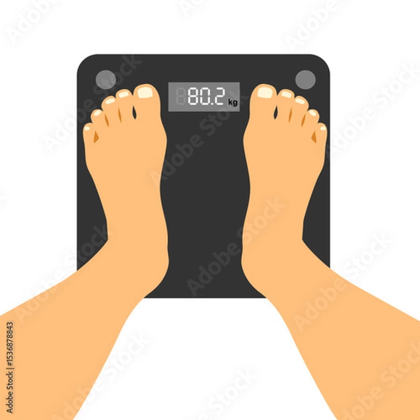 Obraz Feet on weighing scales top view. Floor scales for weighing body weight. Control of the weight, diet. Body weight loss or gain. Weight gain after quarantine
