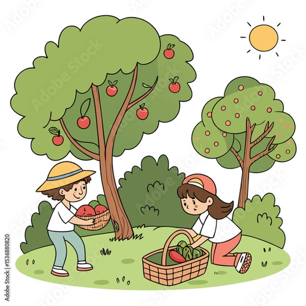 Fototapeta  Dos niños recolectando frutas en un huerto con árboles de manzanas. El cielo está despejado y el sol brilla, creando una escena alegre y natural.
