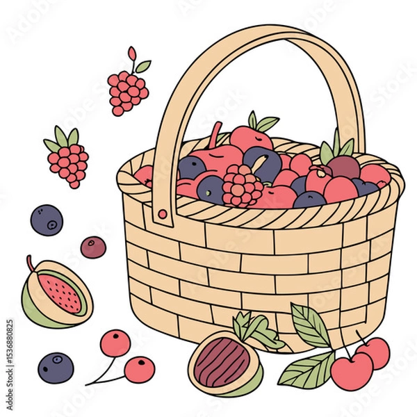 Fototapeta  Una canasta tejida llena de frutas variadas como manzanas, cerezas, ciruelas y bayas. Alrededor hay frutas sueltas decorando la composición sobre fondo blanco.
