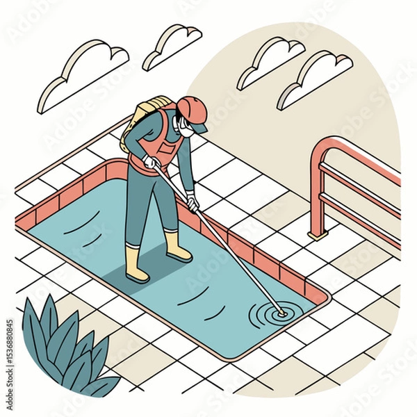 Fototapeta  Persona con uniforme y equipo de seguridad limpiando una piscina con un palo largo. La escena ocurre en un espacio al aire libre con baldosas y barandas metálicas.
