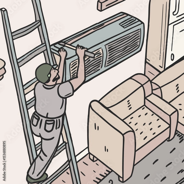 Fototapeta  Un técnico de mantenimiento en una escalera trabaja arreglando una unidad de aire acondicionado montada en la pared interior de una sala.
