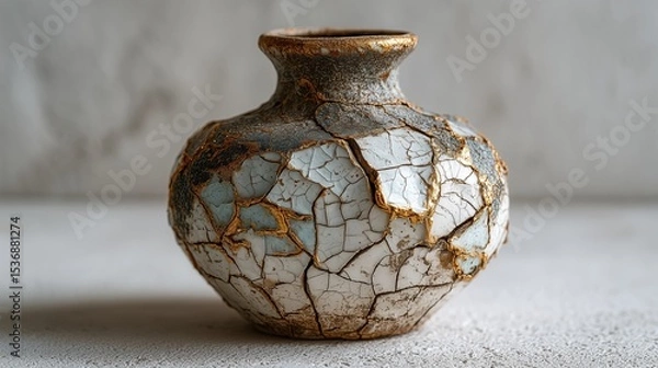 Obraz Cracked ceramic vase on white surface, elegant broken pottery, minimalist still life, fragile beauty