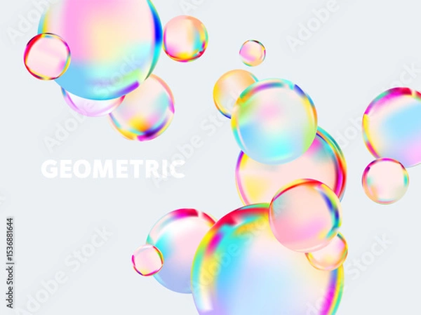 Obraz Light iridescent bubbles. Colorful glass balls on white background. 3D vector geometric shapes.