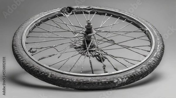 Obraz Broken bicycle wheel on plain gray background, minimalist damage, twisted metal, urban decay