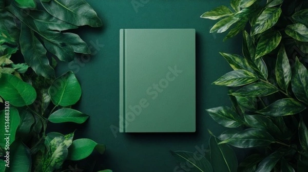 Fototapeta green notepad on a green background with leaves