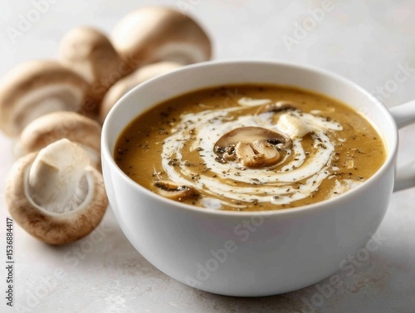 Fototapeta A bowl of mushroom soup with cream swirl and whole mushrooms on a white surface close up view shot