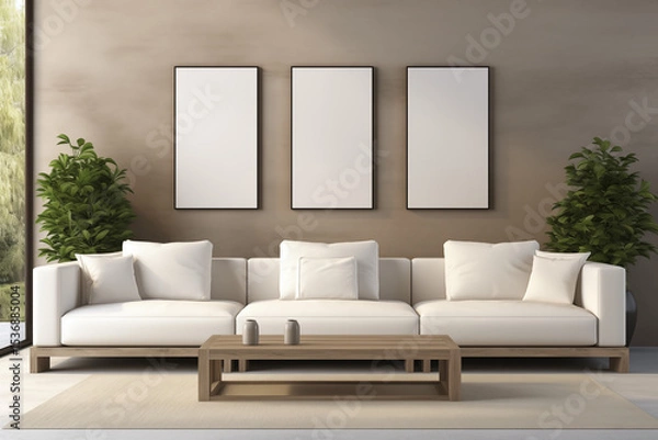 Fototapeta Blank Canvas Frames Above White Sofa.3D render
