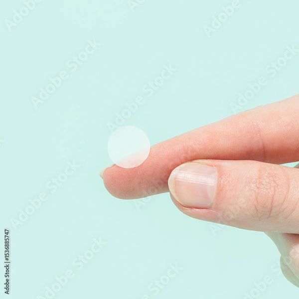 Obraz Woman holding hydrocolloid pimple patches on finger with mint blue background
