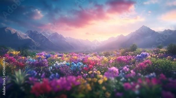 Fototapeta Blooming desert landscape after rare rainfall features vibrant flowers and stunning mountain backdrop during golden hour