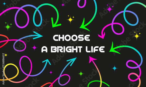Fototapeta Vibrant horizontal web banner with swirling rainbow arrows and bright abstract elements. Includes bold motivational message. Presentations, background and creative digital design concept.