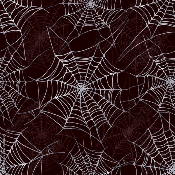 Fototapeta Seamless pattern with gray and red spider web on black background. Watercolor illustration for fabric, packaging, cover.