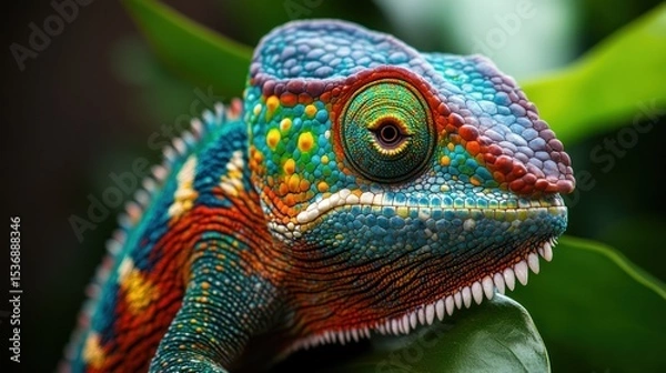 Obraz Vibrant chameleon with detailed scales, eye, and green leaf backdrop